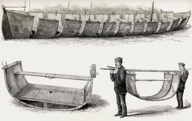 Den 28 fot långa stålbåten Advance, designad för att bäras över land, 1890 (trägravyr)